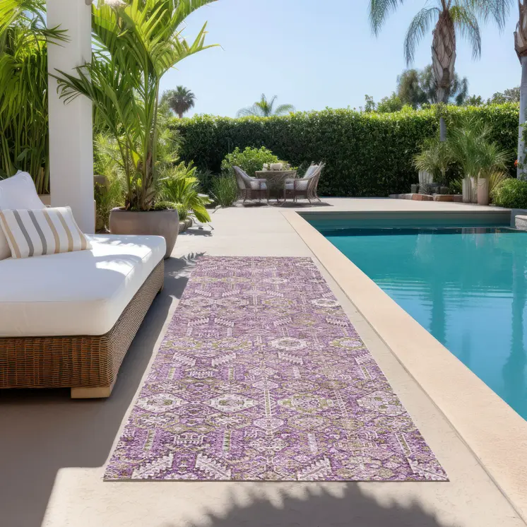 8' Runner Lavender and Ivory Floral Washable Non Skid Indoor Outdoor Runner Rug