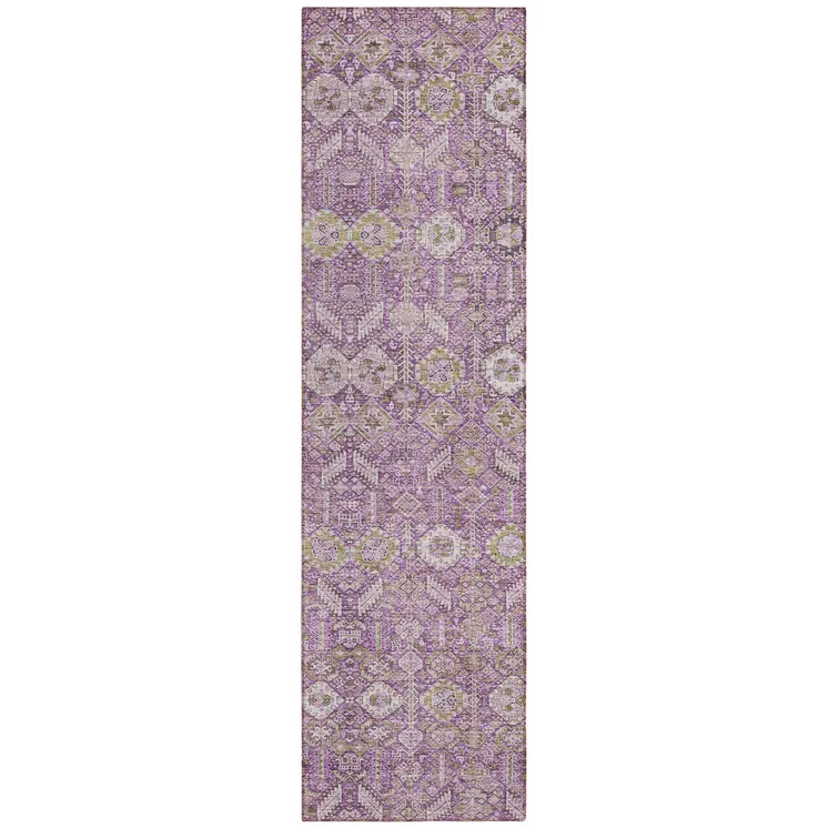 8' Runner Lavender and Ivory Floral Washable Non Skid Indoor Outdoor Runner Rug
