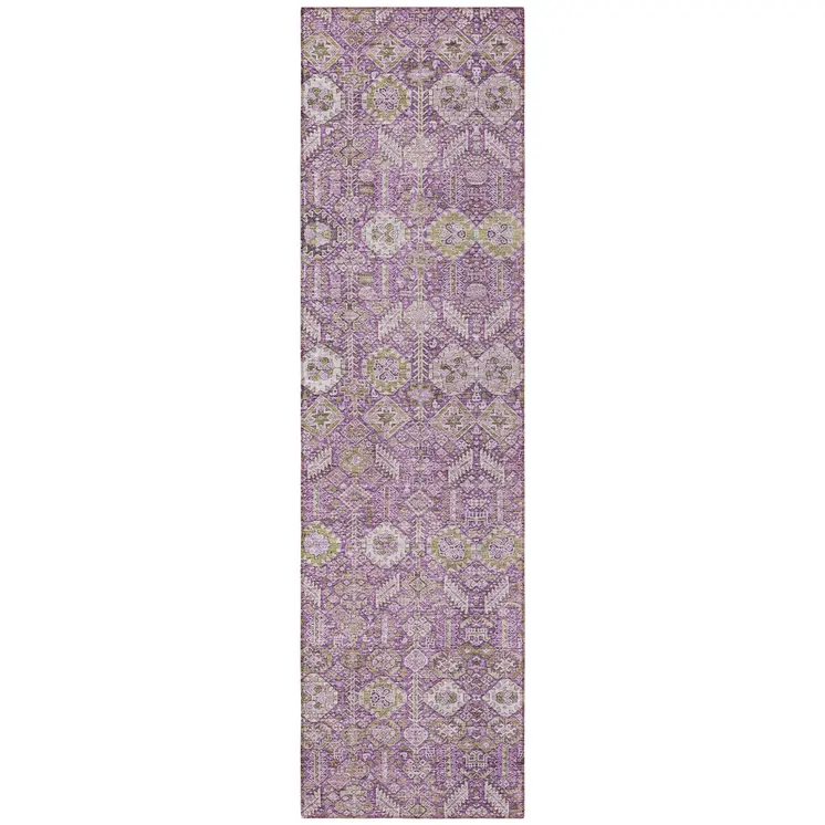 8' Runner Lavender and Ivory Floral Washable Non Skid Indoor Outdoor Runner Rug