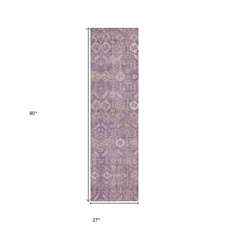 8' Runner Lavender and Ivory Floral Washable Non Skid Indoor Outdoor Runner Rug