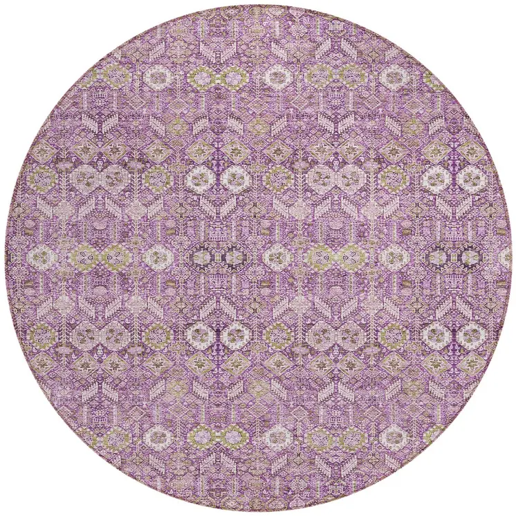 8' Round Lavender and Ivory Round Floral Washable Non Skid Indoor Outdoor Area Rug