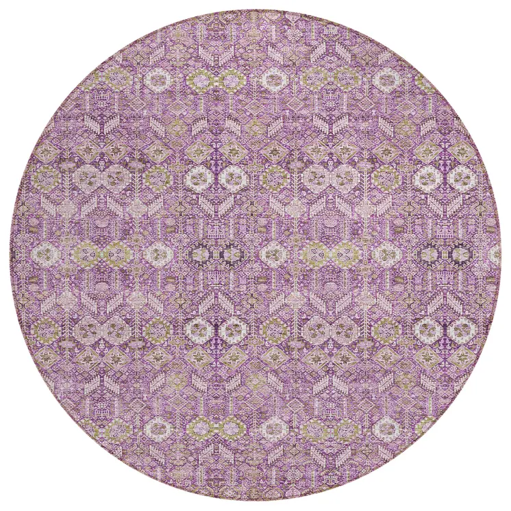 8' Round Lavender and Ivory Round Floral Washable Non Skid Indoor Outdoor Area Rug