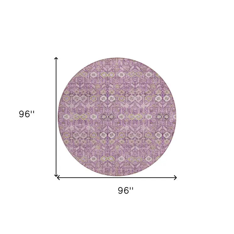 8' Round Lavender and Ivory Round Floral Washable Non Skid Indoor Outdoor Area Rug