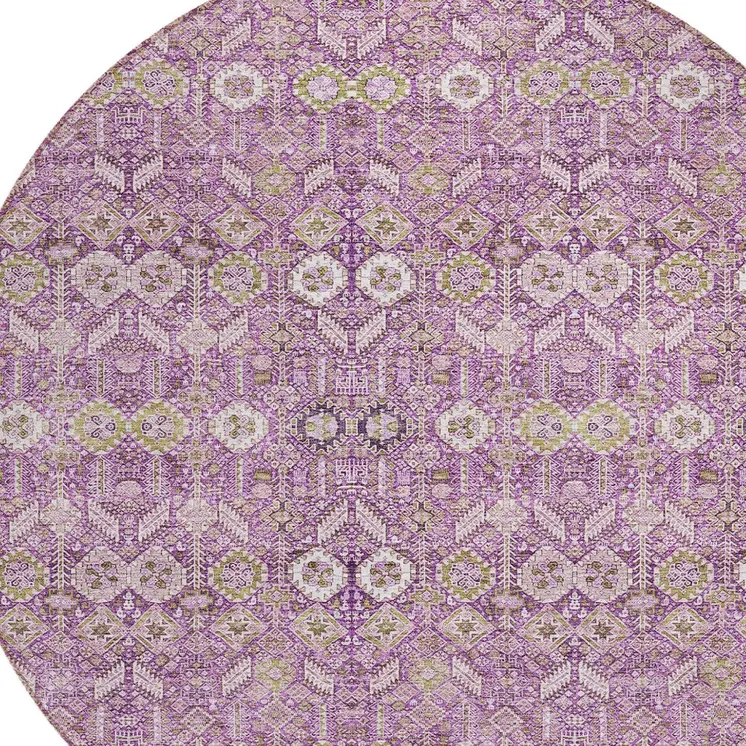 8' Round Lavender and Ivory Round Floral Washable Non Skid Indoor Outdoor Area Rug