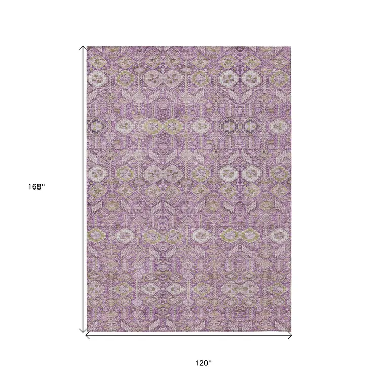 10' X 14' Lavender and Ivory Floral Washable Non Skid Indoor Outdoor Area Rug