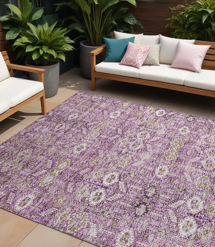 10' X 14' Lavender and Ivory Floral Washable Non Skid Indoor Outdoor Area Rug