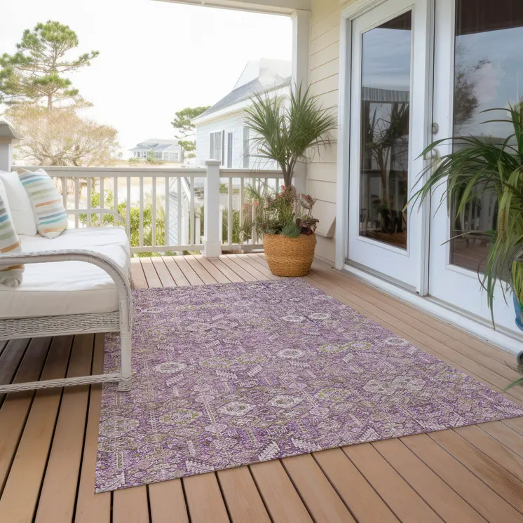 10' X 14' Lavender and Ivory Floral Washable Non Skid Indoor Outdoor Area Rug