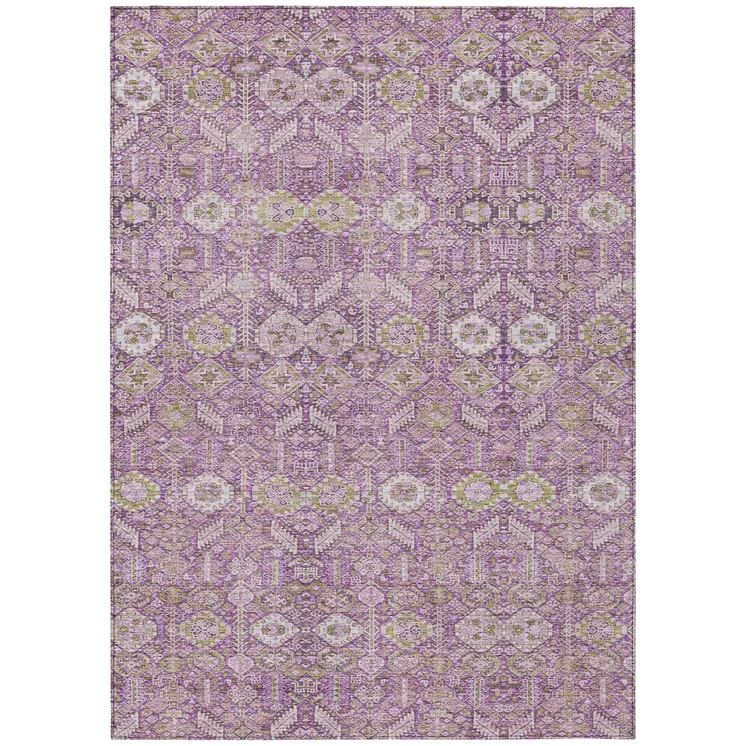10' X 14' Lavender and Ivory Floral Washable Non Skid Indoor Outdoor Area Rug