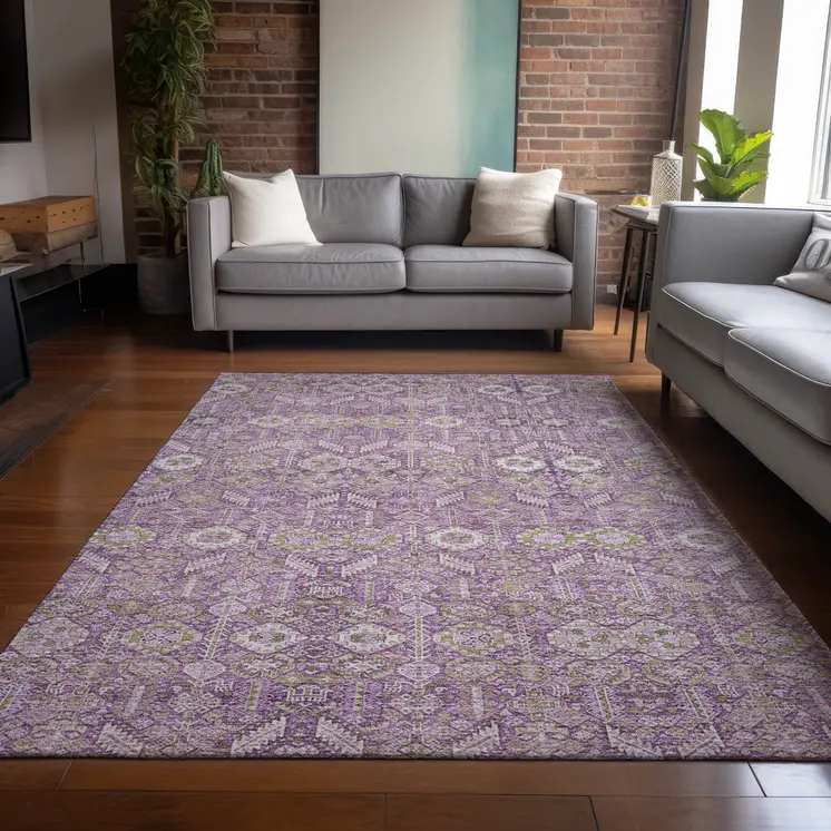 10' X 14' Lavender and Ivory Floral Washable Non Skid Indoor Outdoor Area Rug