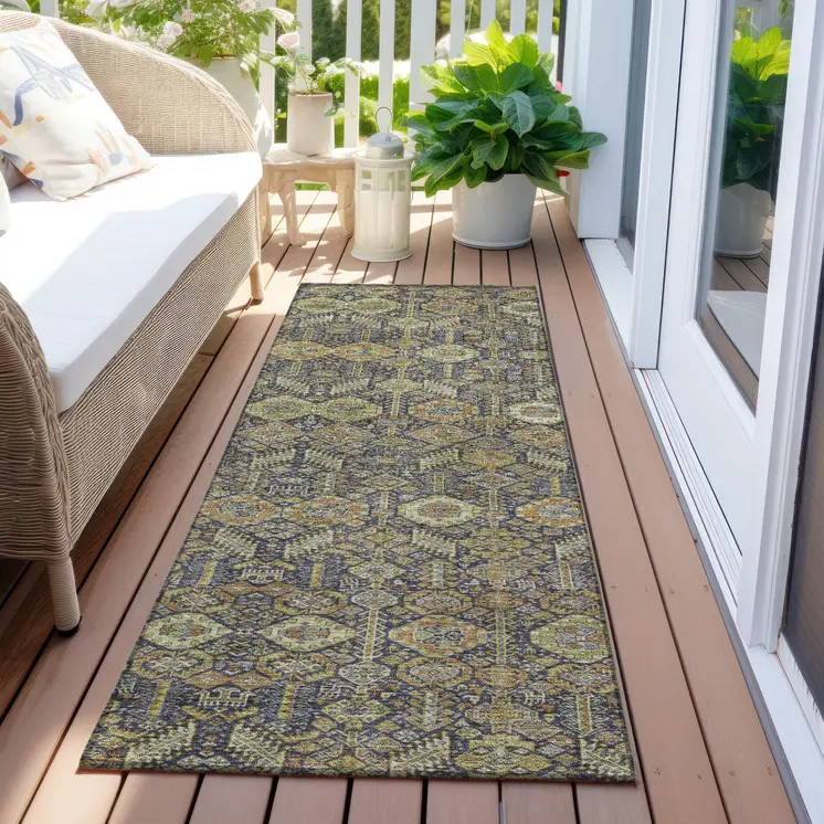 8' Runner Blue and Orange Floral Washable Non Skid Indoor Outdoor Runner Rug