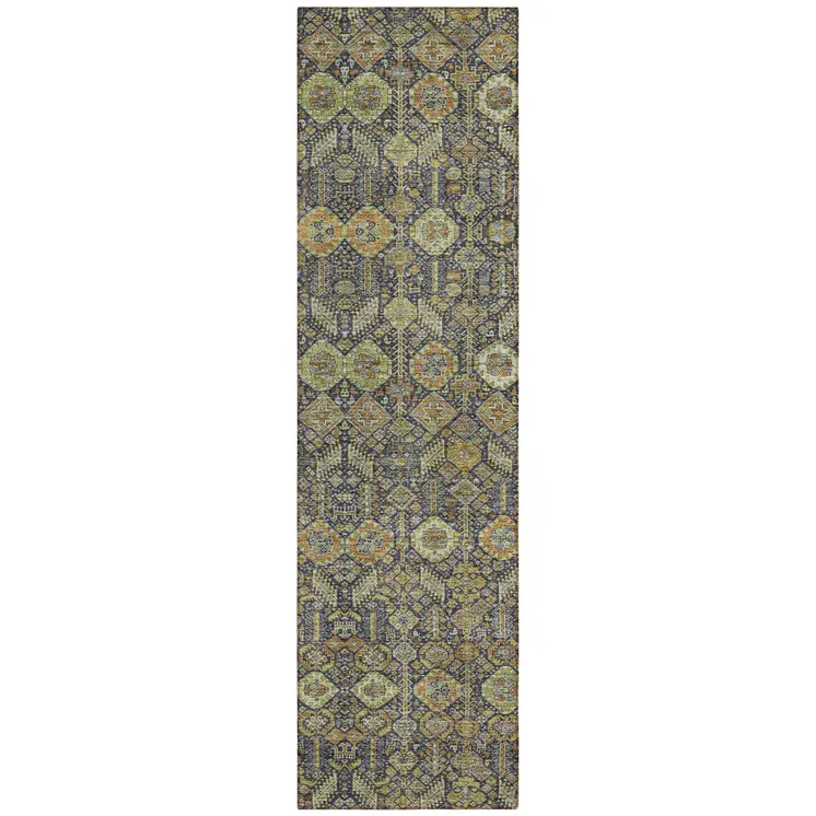 8' Runner Blue and Orange Floral Washable Non Skid Indoor Outdoor Runner Rug