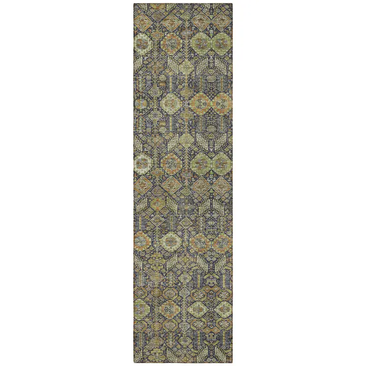 8' Runner Blue and Orange Floral Washable Non Skid Indoor Outdoor Runner Rug