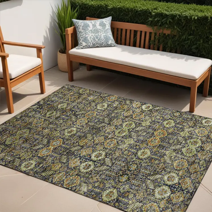 5' X 8' Blue and Orange Floral Washable Non Skid Indoor Outdoor Area Rug