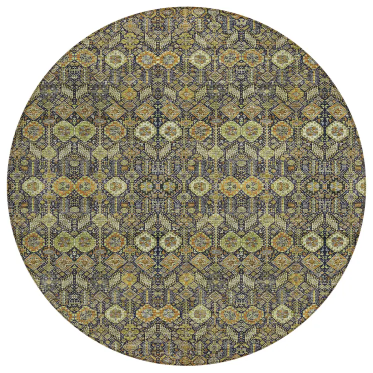 8' Round Blue and Orange Round Floral Washable Non Skid Indoor Outdoor Area Rug