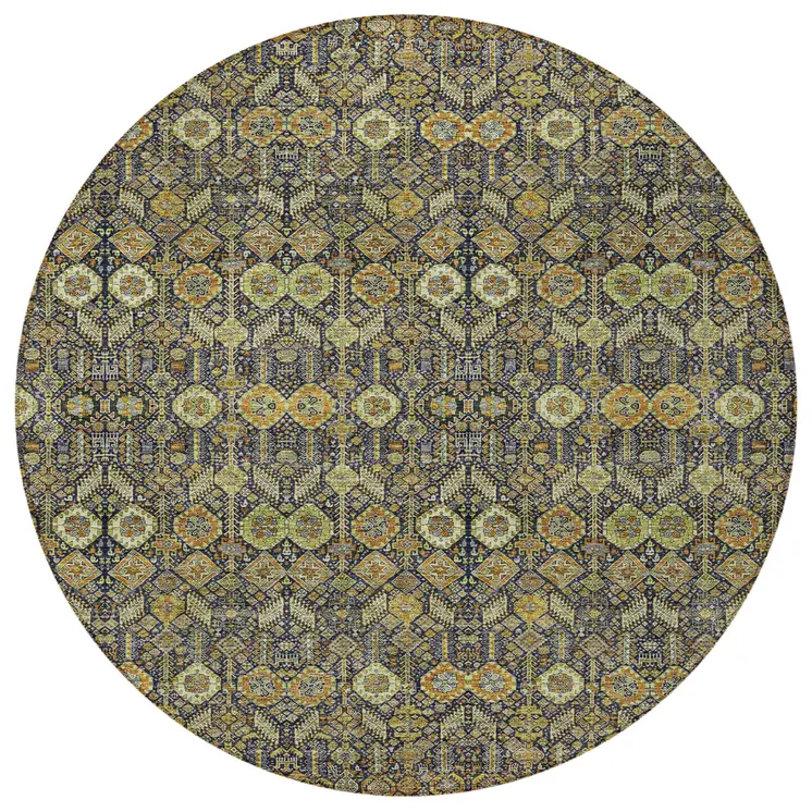 8' Round Blue and Orange Round Floral Washable Non Skid Indoor Outdoor Area Rug