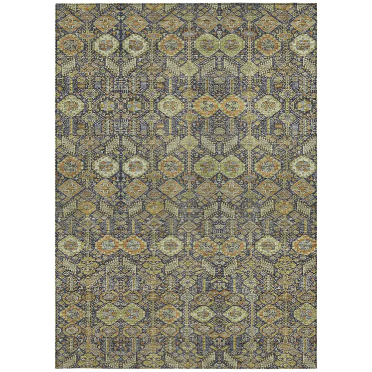 8' X 10' Blue and Orange Floral Washable Non Skid Indoor Outdoor Area Rug