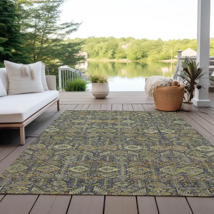 8' X 10' Blue and Orange Floral Washable Non Skid Indoor Outdoor Area Rug