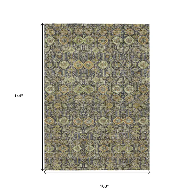 9' X 12' Blue and Orange Floral Washable Non Skid Indoor Outdoor Area Rug