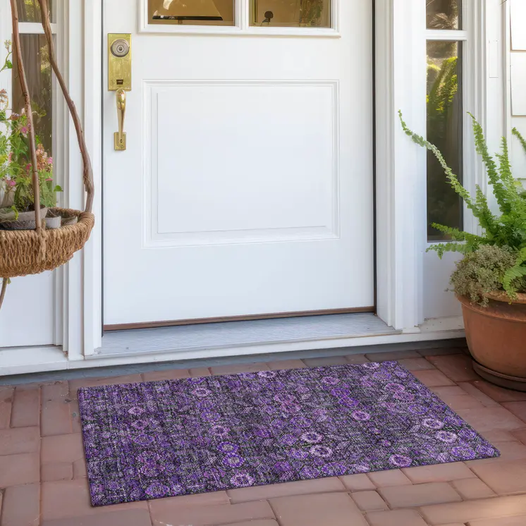 2' X 3' Purple and Green Floral Washable Non Skid Indoor Outdoor Area Rug