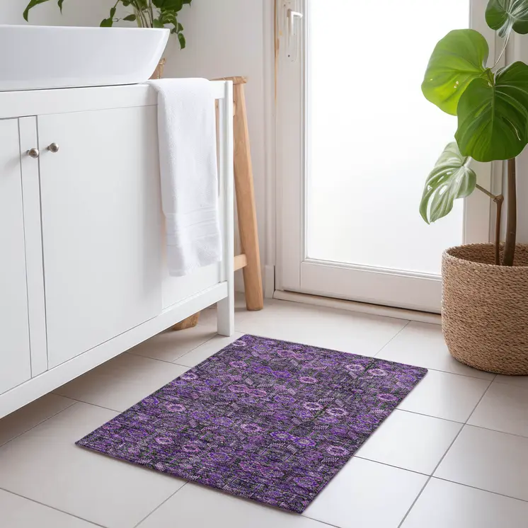 2' X 3' Purple and Green Floral Washable Non Skid Indoor Outdoor Area Rug