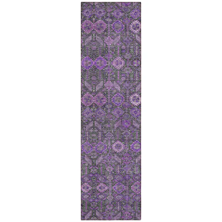 8' Purple And Green Floral Washable Indoor Outdoor Runner Rug
