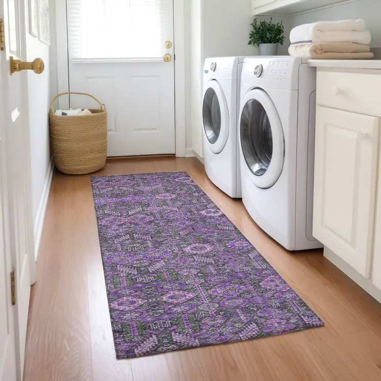 8' Purple And Green Floral Washable Indoor Outdoor Runner Rug