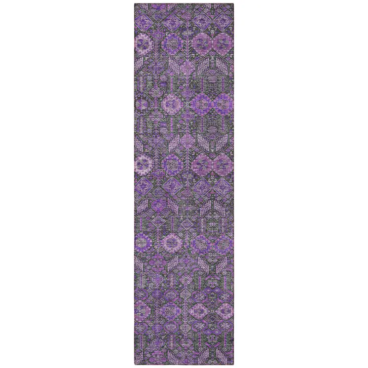 8' Purple And Green Floral Washable Indoor Outdoor Runner Rug