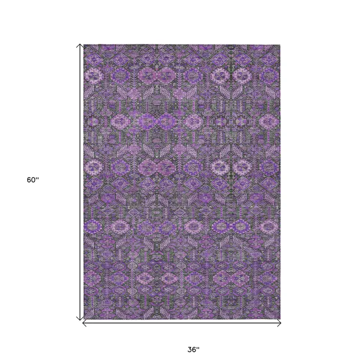 3' X 5' Purple And Green Floral Washable Indoor Outdoor Area Rug