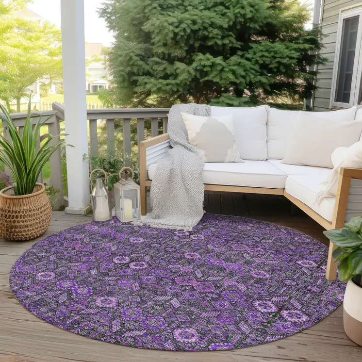 8' Round Purple and Green Round Floral Washable Non Skid Indoor Outdoor Area Rug