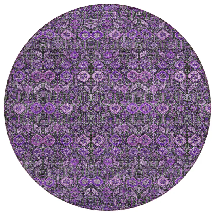 8' Round Purple and Green Round Floral Washable Non Skid Indoor Outdoor Area Rug