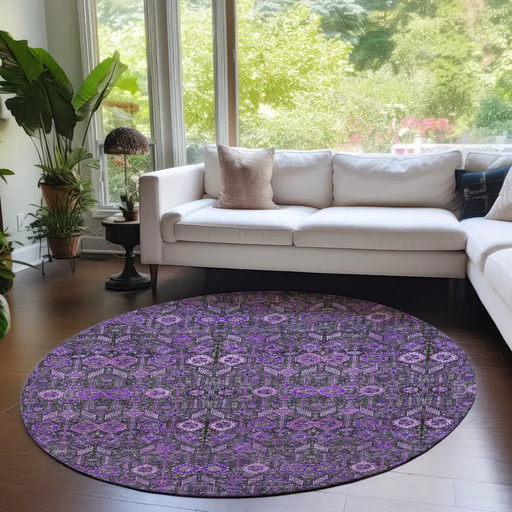 8' Round Purple and Green Round Floral Washable Non Skid Indoor Outdoor Area Rug