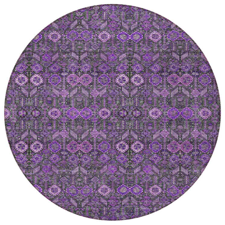 8' Round Purple and Green Round Floral Washable Non Skid Indoor Outdoor Area Rug