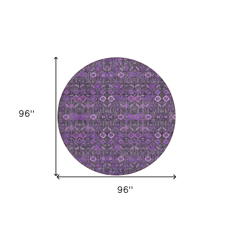 8' Round Purple and Green Round Floral Washable Non Skid Indoor Outdoor Area Rug