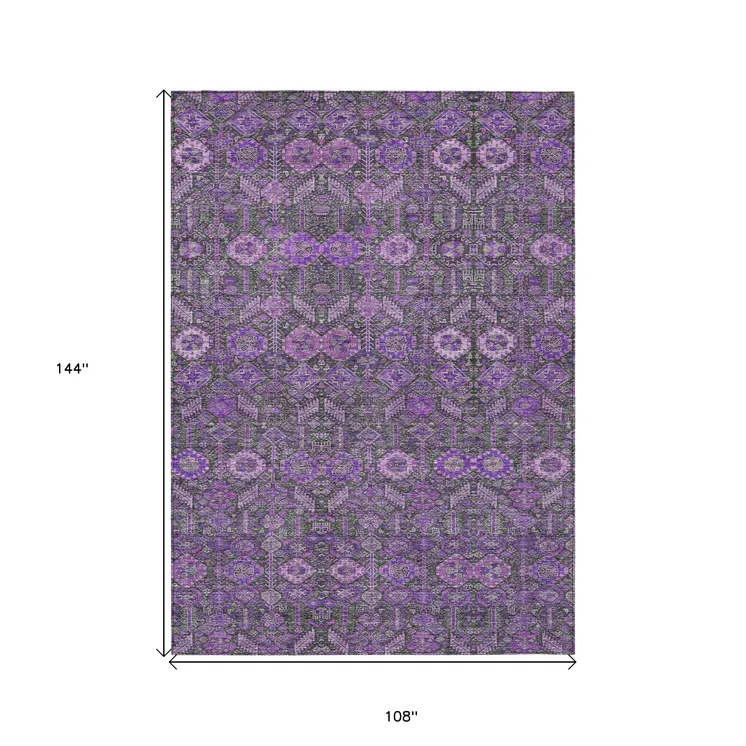 9' X 12' Purple And Green Floral Washable Indoor Outdoor Area Rug