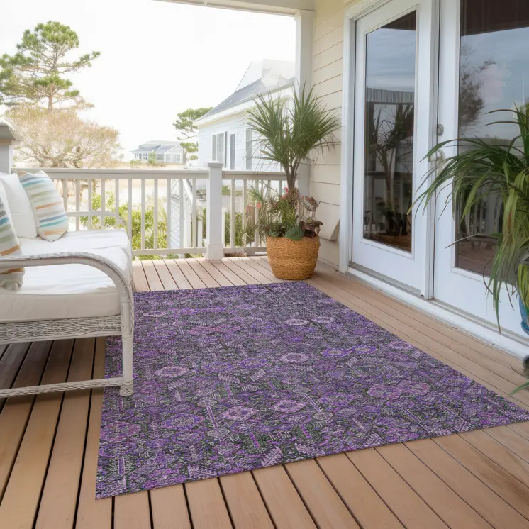 9' X 12' Purple And Green Floral Washable Indoor Outdoor Area Rug