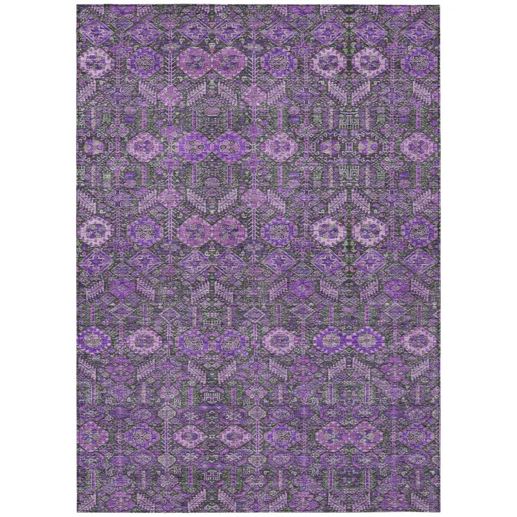 9' X 12' Purple And Green Floral Washable Indoor Outdoor Area Rug