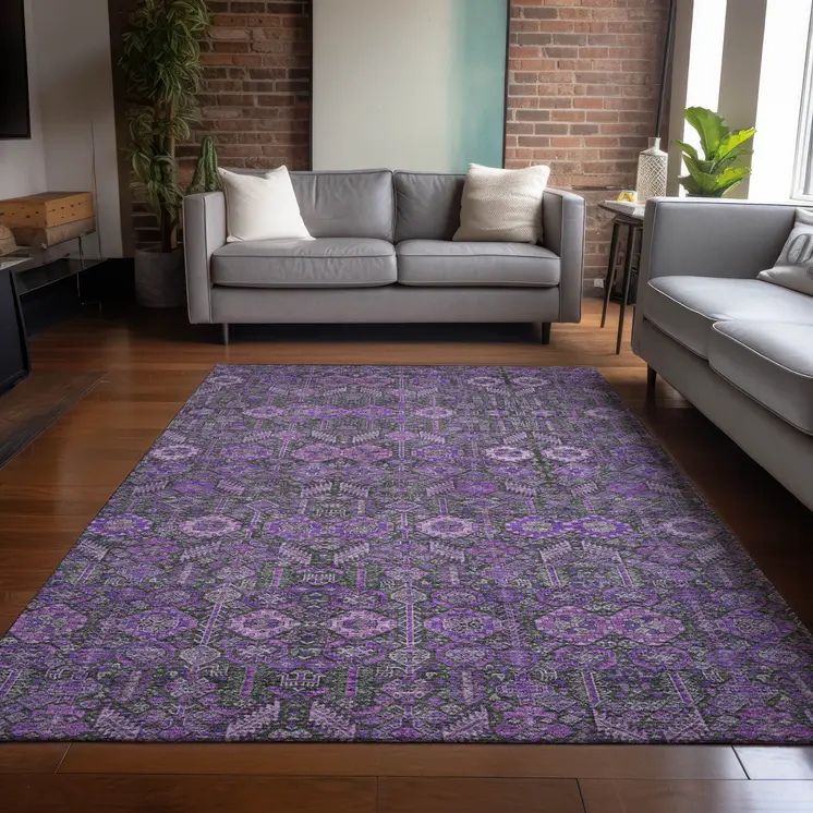 9' X 12' Purple And Green Floral Washable Indoor Outdoor Area Rug
