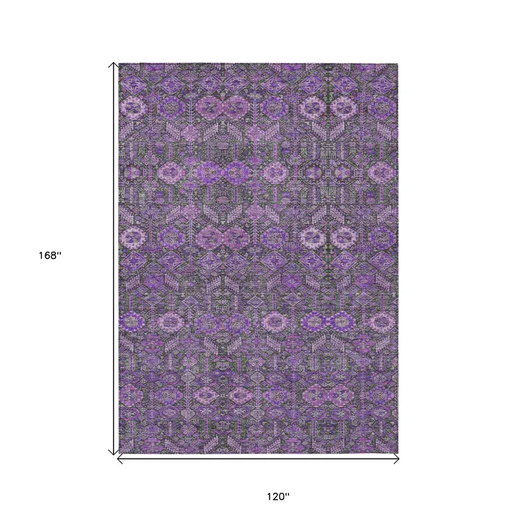 10' X 14' Purple And Green Floral Washable Indoor Outdoor Area Rug