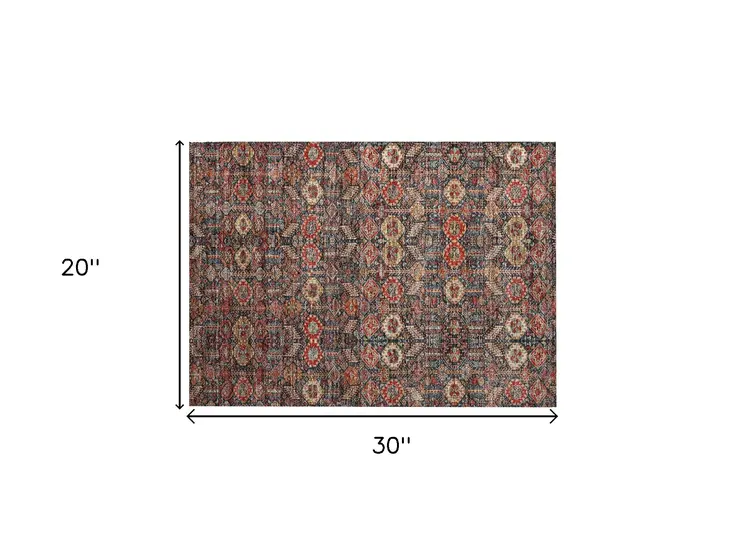 2' X 3' Red and Dark Blue Floral Washable Non Skid Indoor Outdoor Area Rug