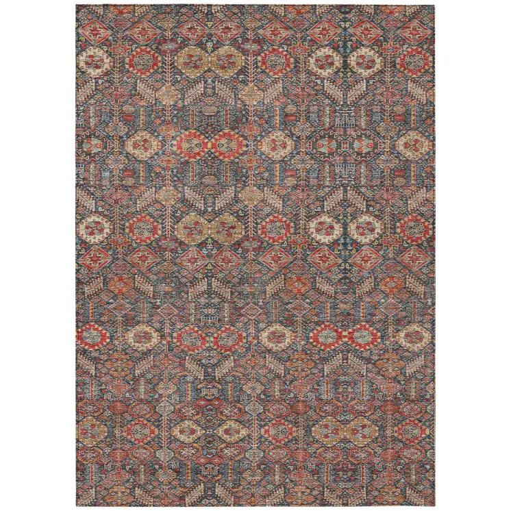 3' X 5' Red and Dark Blue Floral Washable Non Skid Indoor Outdoor Area Rug