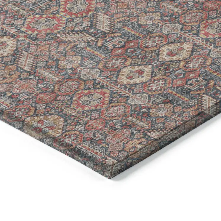 3' X 5' Red and Dark Blue Floral Washable Non Skid Indoor Outdoor Area Rug