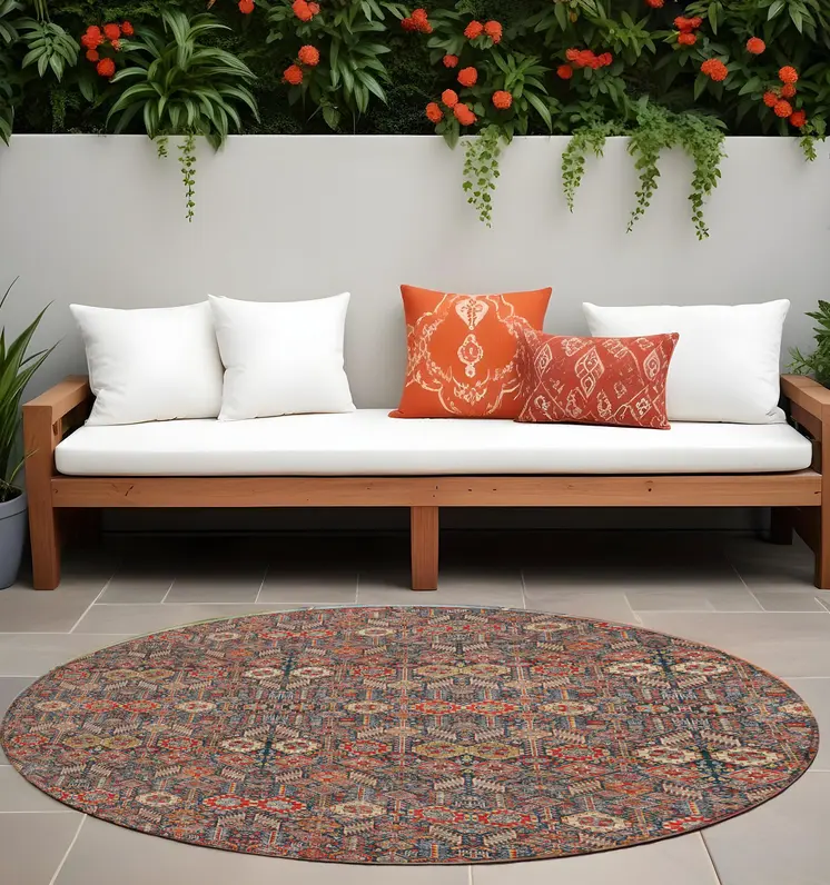 8' Round Red and Dark Blue Round Floral Washable Non Skid Indoor Outdoor Area Rug