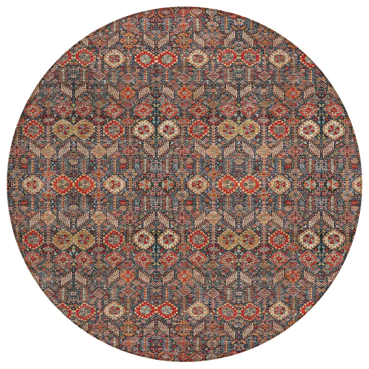 8' Round Red and Dark Blue Round Floral Washable Non Skid Indoor Outdoor Area Rug