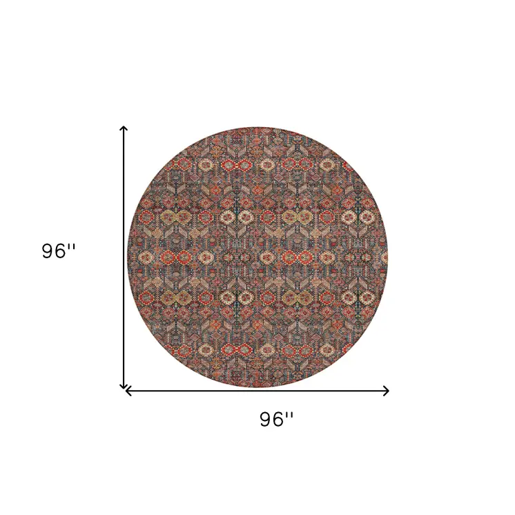 8' Round Red and Dark Blue Round Floral Washable Non Skid Indoor Outdoor Area Rug