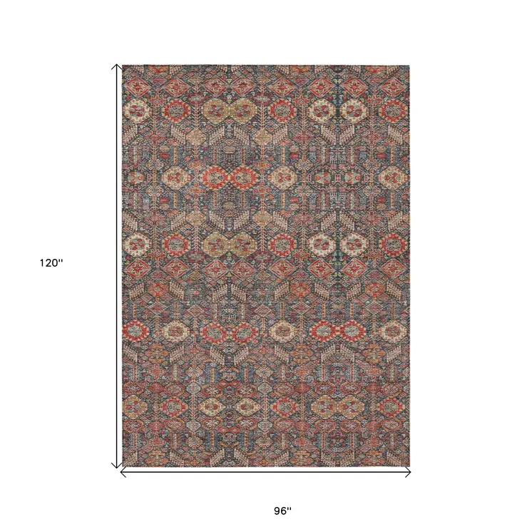 8' X 10' Red And Dark Blue Floral Washable Indoor Outdoor Area Rug