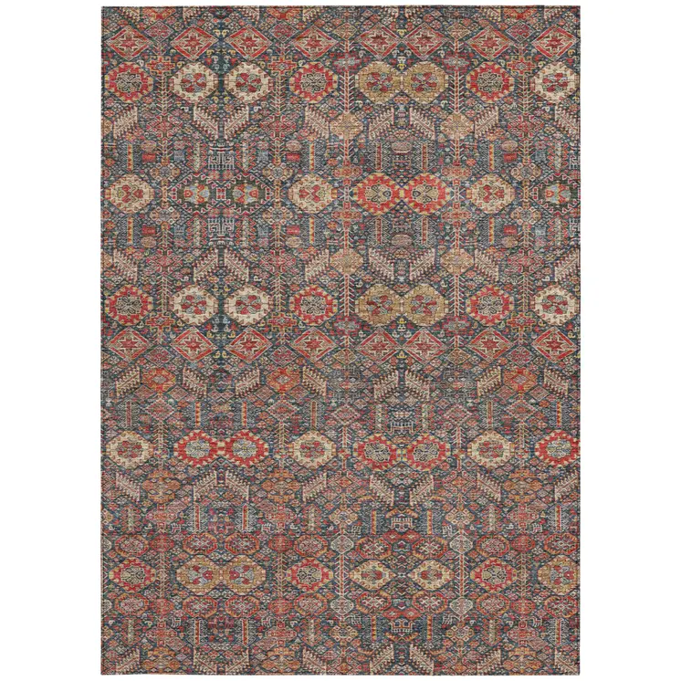 9' X 12' Red and Dark Blue Floral Washable Non Skid Indoor Outdoor Area Rug