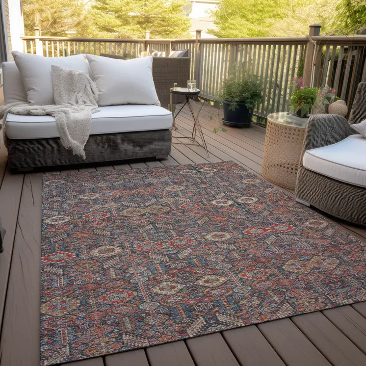 9' X 12' Red and Dark Blue Floral Washable Non Skid Indoor Outdoor Area Rug