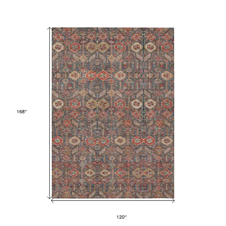 10' X 14' Red and Dark Blue Floral Washable Non Skid Indoor Outdoor Area Rug