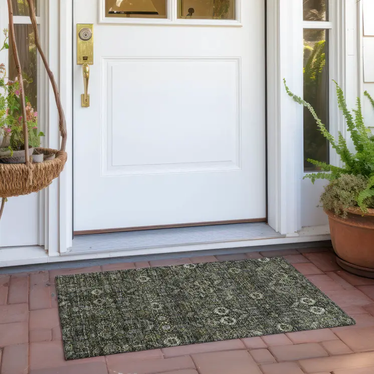 2' X 3' Moss Green and Gray Floral Washable Non Skid Indoor Outdoor Area Rug