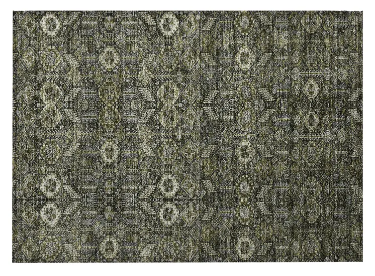 2' X 3' Moss Green and Gray Floral Washable Non Skid Indoor Outdoor Area Rug